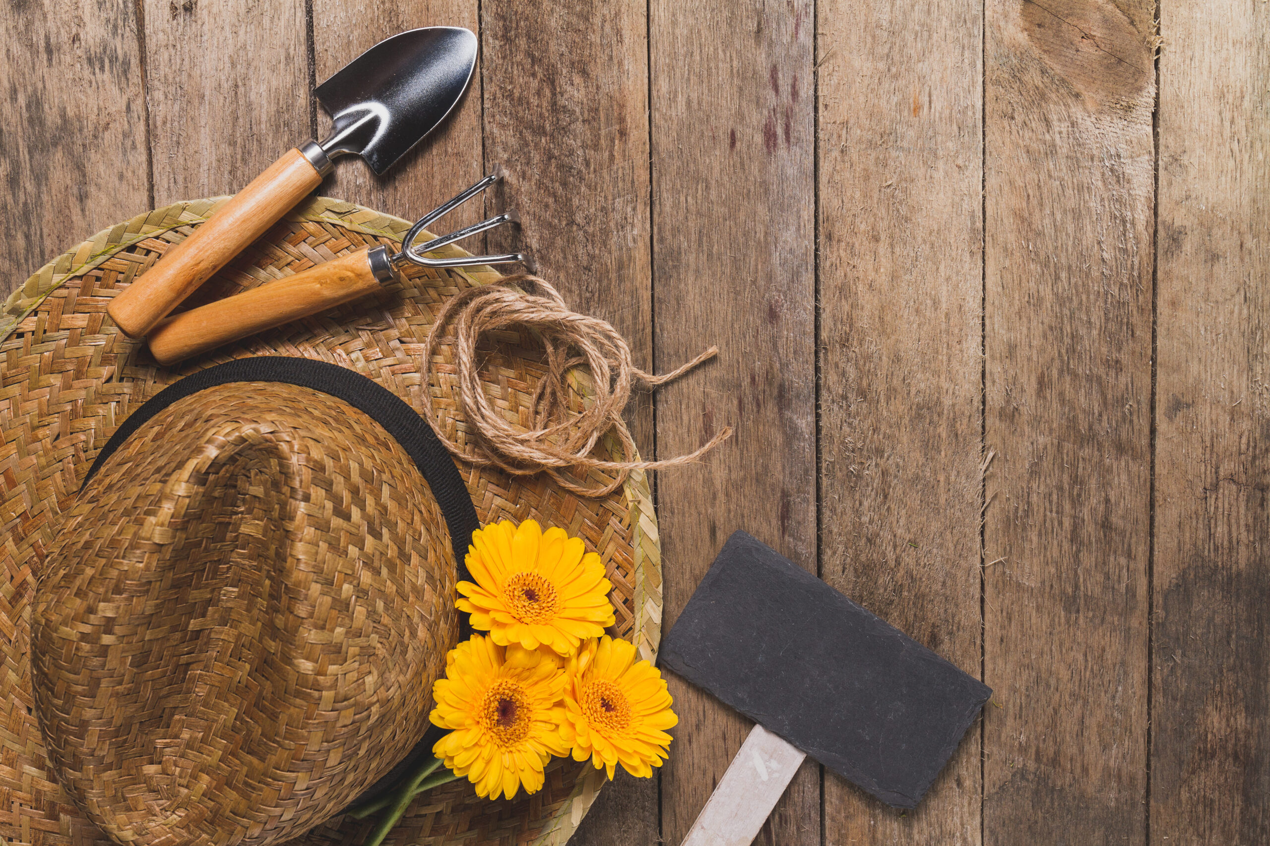 wooden-background-with-gardening-tools-yellow-flowers